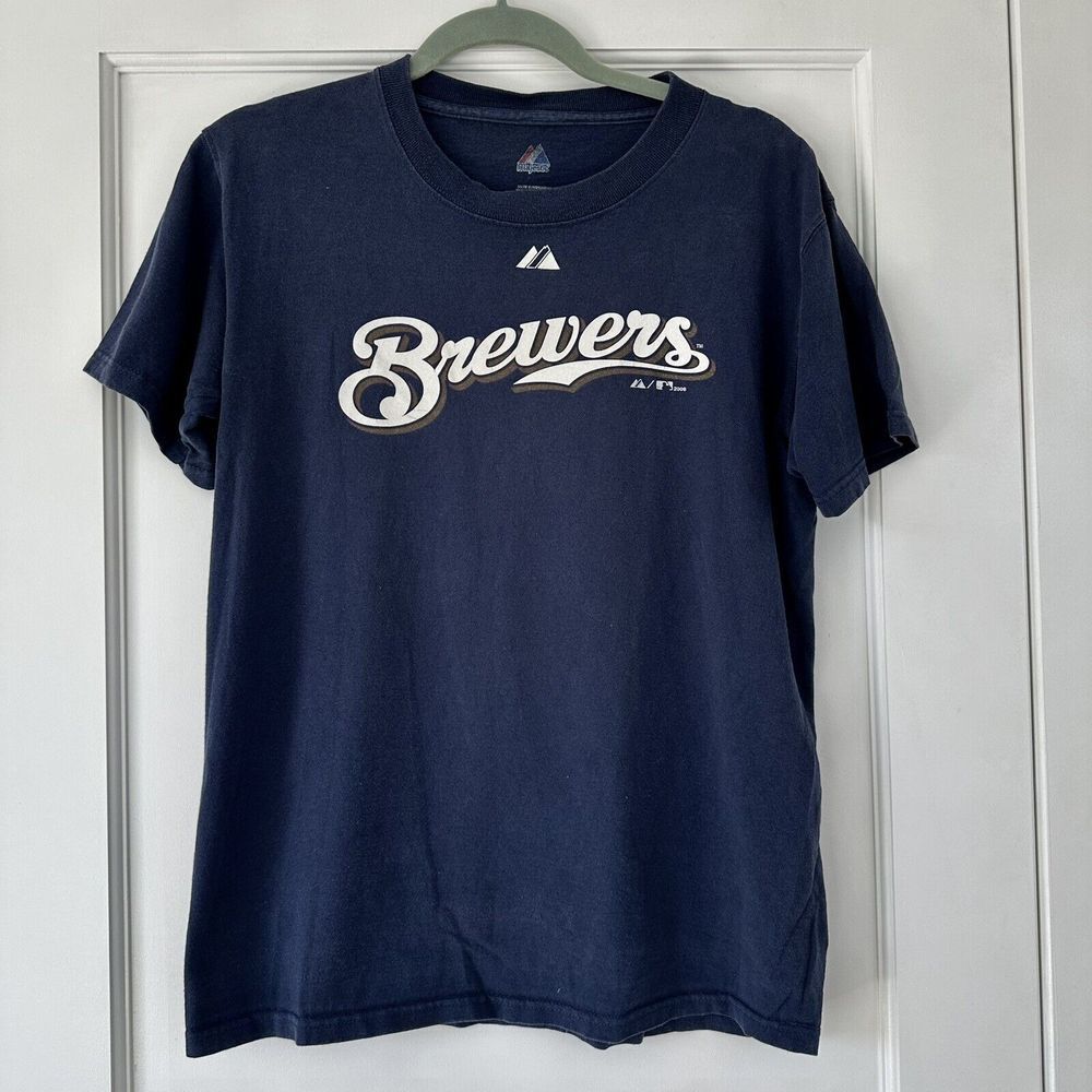 Vintage 2008 Milwaukee Brewers Majestic Baseball Tee Small Men's Navy Blue Y2K